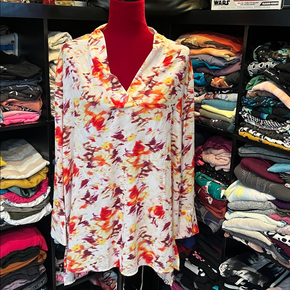 #102. 🪷 colorful tunic length blouse. Terra & sky. 1x